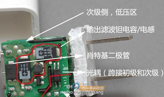在高仿产品内部,可以看到,相比起原装产品,其内部的元件配置可以说少得可怜,当然主要的变压电路还是有的,简单的滤波电路,尤其是次级侧方面的原件,非常少,仅由几个电阻、一个电容、一个光电耦合器组成,不过幸好的是,还有保险管的存在。3块钱的高仿质量最差,20块的稍微好些。但是质量也不过关。小小的充电头,几乎是每个使用手机的用户都会接触到的东西,而在目前的市面上,这些产品的定价多数差别比较大,不了解产品的用户,容易被超低价格所吸引,而从拆解的内部零件来看,目前的山寨基本是做不到标准电性输出的需求,使用这种不稳定的